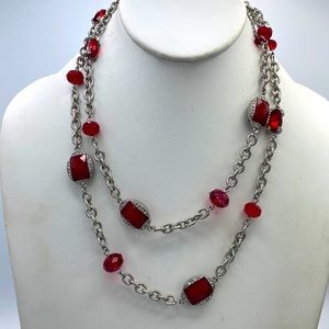 White House Black Market Gold Tone Red Crystal Rhinestone Long Necklace